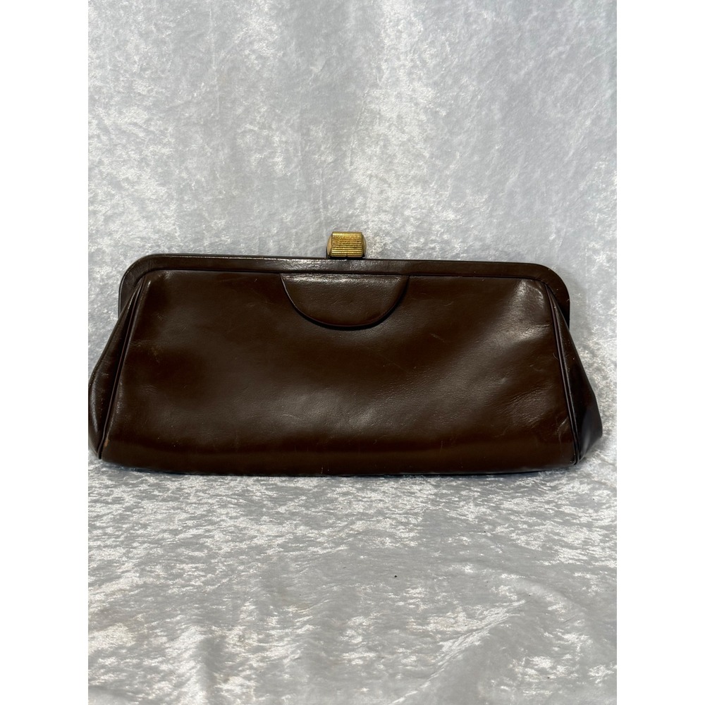 Vintage Margolin Brown Leather Frame Clutch Bag Gold Lock Hand Strap MCM